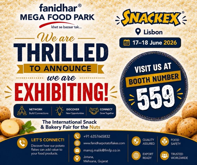 Announcement for Fanidhar Mega Food Park's participation in Snackex 2026, emphasizing networking, opportunities, and growth.