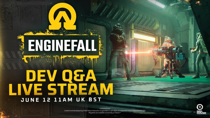 Promotional graphic for Enginefall's live stream. Features a futuristic scene with characters and a laser turret.