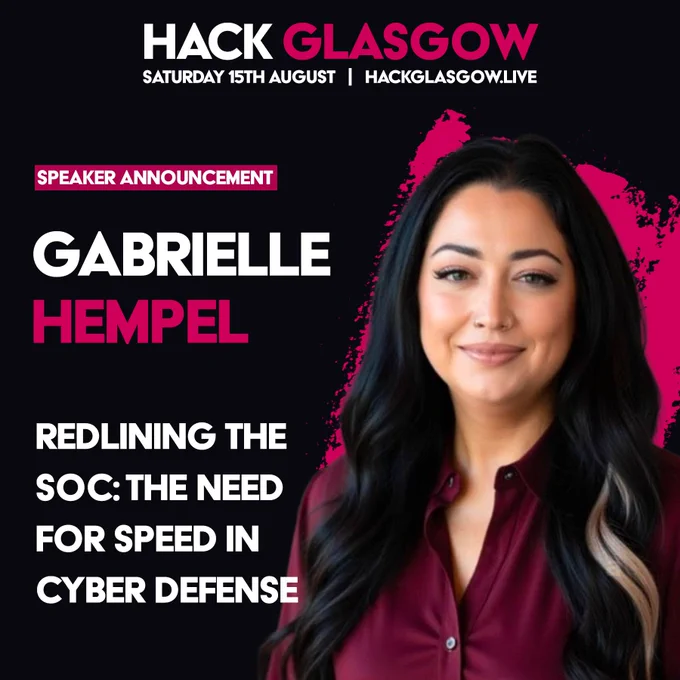 Speaker card with photo of Gabrielle Hempel and the talk title 'Redlining the SOC: the need for speed in cyber defense'