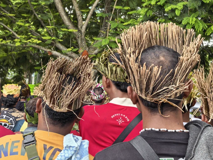 A close-up landscape view from behind three Orang Asli men standing side-by-side during an outdoor rally. Two of the men wear high, crown-like headbands intricately woven from stiff, dried straw-like fibers. The man in the middle wears a headpiece woven from fresh green leaves and a red t-shirt with a white star-like logo on the back. The background features lush, dense green tree branches.