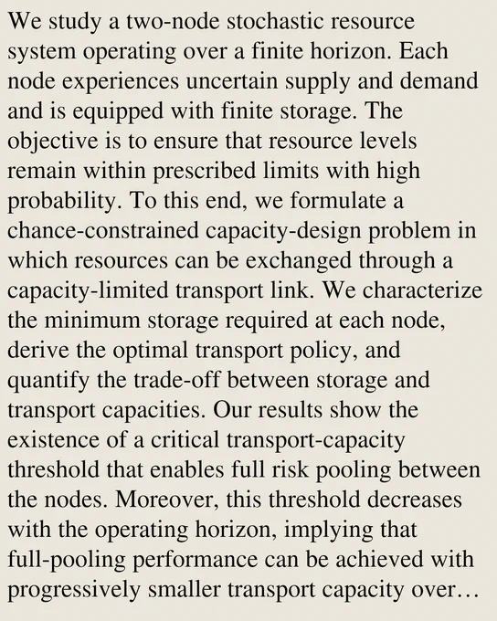 We study a two-node stochastic resource system operating over a finite horizon. Each node experiences uncertain supply and demand and is equipped with finite storage. The objective is to ensure that resource levels remain within prescribed limits with high probability. To this end, we formulate a chance-constrained capacity-design problem in which resources can be exchanged through a capacity-limited transport link. We characterize the minimum storage required at each node, derive the optimal transport policy, and quantify the trade-off between storage and transport capacities. Our results show the existence of a critical transport-capacity threshold that enables full risk pooling between the nodes. Moreover, this threshold decreases with the operating horizon, implying that full-pooling performance can be achieved with progressively smaller transport capacity over longer horizons.