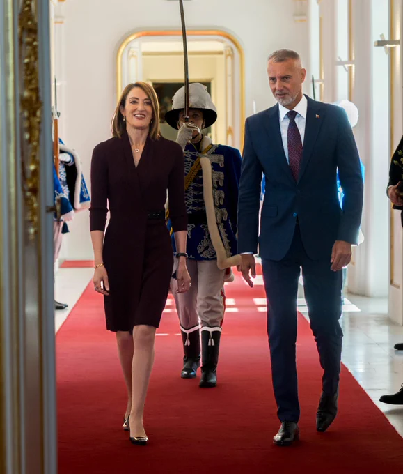 The President of the European Parliament Roberta Metsola with the Speaker of the National Council of the Slovak Republic Richard Raši, in Bratislava, Slovakia.