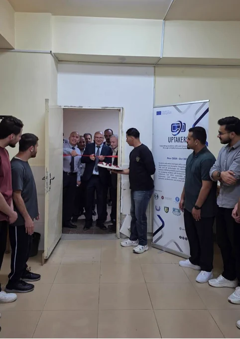 On Sunday, 17 May 2026, Balqa Applied University College of Engineering – Al-Husn University College officially inaugurated the UPTAKERS Immersive Technologies Lab (ITL) at the Al-Baeroni Building ITL Laboratory. The inauguration was held as part of the broader UPTAKERS project activities and formed an integral component of the project’s orientation day.
The laboratory was inaugurated on behalf of Professor Dr. Ahmed Fakhri Al-Ajlouni, President of Al-Balqa Applied University, by Professor Dr. Bashar Ammari, Dean of Al-Husn University College. The event was attended by approximately 30 participants, including faculty members, administrative staff, and students. 
The program included a comprehensive presentation on the objectives and activities of the UPTAKERS project, delivered by Prof. Rebhi Damseh, as well as an overview of the laboratory’s technical equipment presented by Dr. Ma’moun Al-Smadi. Participants were introduced to fundamental concepts in Virtual Reality (VR), Extended Rea