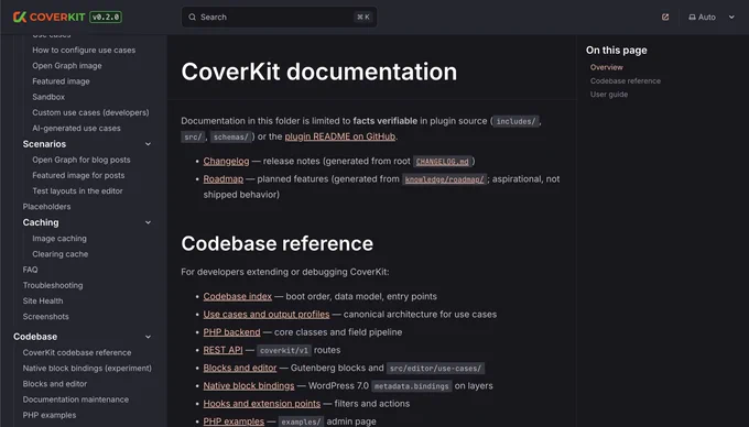 Screenshot of the homepage of the docs from CoverKit