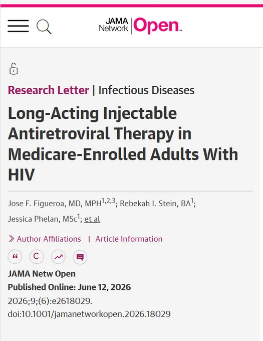 JAMA Network Open article titled \"Long-Acting Injectable Antiretroviral Therapy in Medicare-Enrolled Adults With HIV.\" It's a Research Letter in Infectious Diseases, published online June 12, 2026. Authors include Jose F. Figueroa.