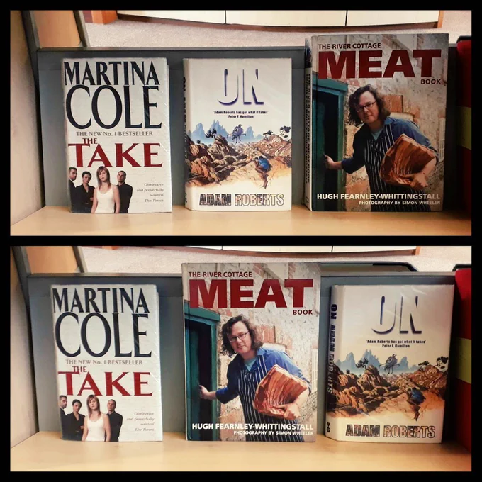 Two photographs of the book return trolley. On the first one are three book in order so their titles read Take On Meat and on the second one the books are rearranged so their titles read Take Meat On