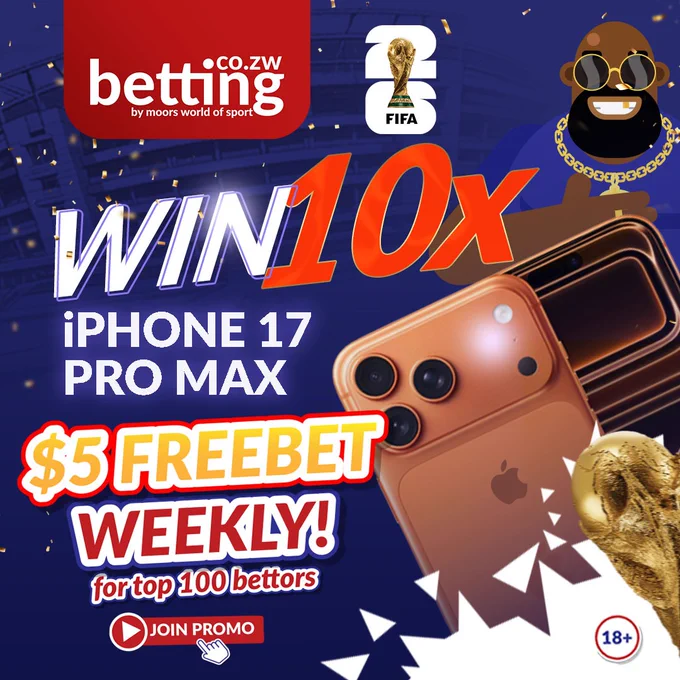 Bright and dynamic promotional graphic for a betting site giveaway. Includes images of iPhone 17 Pro Max and FIFA World Cup reference.