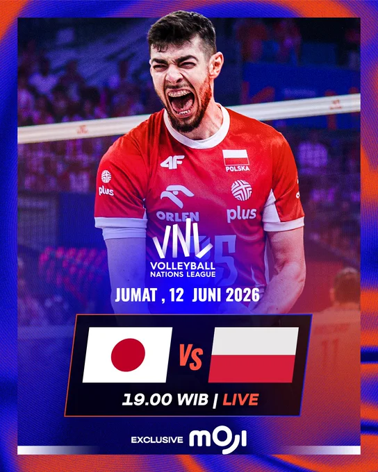A promotional image for the Volleyball Nations League match between Japan and Poland on 12 June 2026. The image captures an excited player from the Polish team, enhancing the energetic and competitive mood.