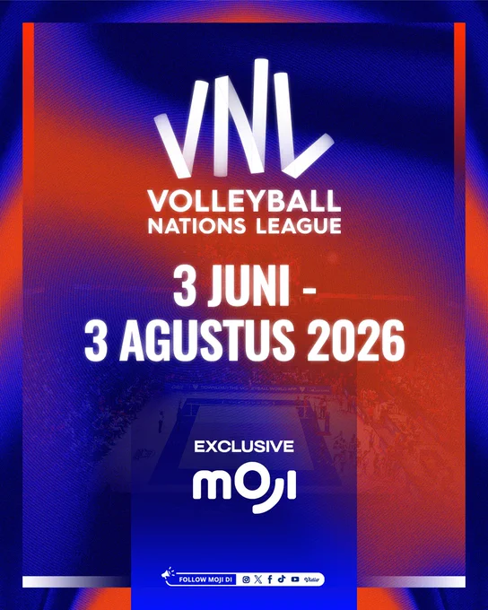 Promotional image for the Volleyball Nations League 2026, featuring bold text on a dynamic blue and orange background. Exclusive coverage by Moji.