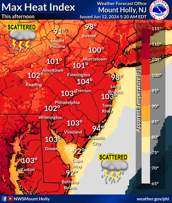 The forecast of maximum heat index for this afternoon.
