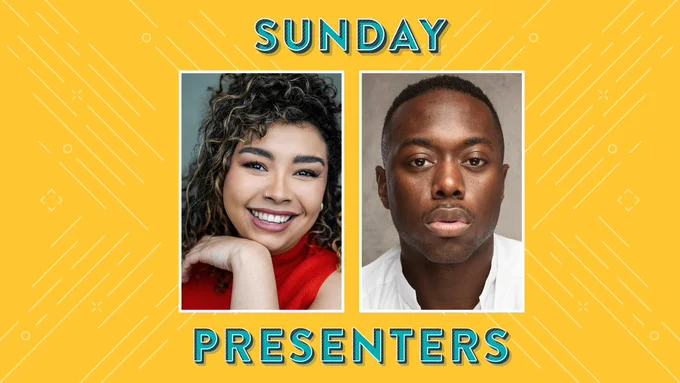 Courtney Bowman and Tosh Wanogho-Maud
 smiling against a yellow background with the words 'Sunday Presenters' in bold letters.