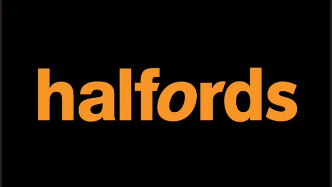 Halfords logo in bold orange lowercase letters on a black background.