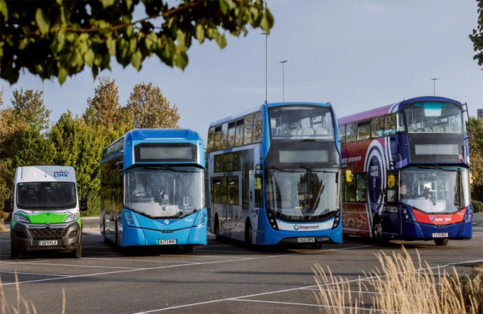 A minibus, single-decker bus and two double-decker buses parked in a row.