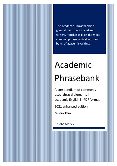 Cover of an academic phrasebank resource detailing commonly used phrases for academic writing in PDF format, authored by Dr. John Morley.