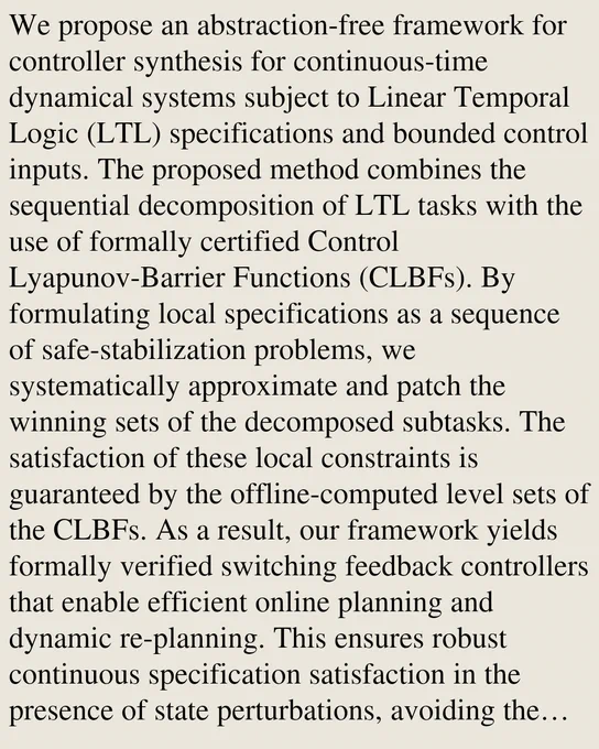 We propose an abstraction-free framework for controller synthesis for continuous-time dynamical systems subject to Linear Temporal Logic (LTL) specifications and bounded control inputs. The proposed method combines the sequential decomposition of LTL tasks with the use of formally certified Control Lyapunov-Barrier Functions (CLBFs). By formulating local specifications as a sequence of safe-stabilization problems, we systematically approximate and patch the winning sets of the decomposed subtasks. The satisfaction of these local constraints is guaranteed by the offline-computed level sets of the CLBFs. As a result, our framework yields formally verified switching feedback controllers that enable efficient online planning and dynamic re-planning. This ensures robust continuous specification satisfaction in the presence of state perturbations, avoiding the explicit state-space abstractions commonly required in the literature. The approach is validated through numerical simulations and a 