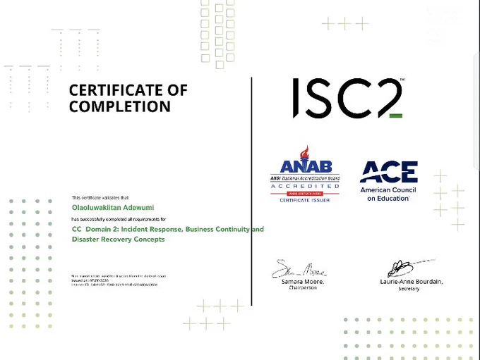Certificate for the completion of Domain 2 of the ISC2 CC exam materials. 