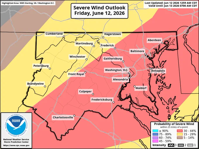 Storm Prediction Center wind probability graphic. 15 to 44% across the region.