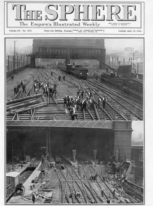 Black and white front page of The Sphere, showing two large photographs of construction work at Cannon Street Station. The top photograph shows the laying off rails outside of the station, heading south across the river, whilst the photo below shows the view of work looking inside the station.