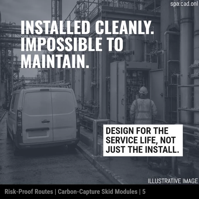 Illustrative image showing a maintenance van and worker beside a dense industrial process plant, with pipework, service cabinets, valves and access panels packed tightly around a completed skid installation. The scene shows how a plant item can be installed successfully but leave poor future maintenance access. Overlaid text reads: “Installed cleanly. Impossible to maintain.” and “Design for the service life, not just the install.