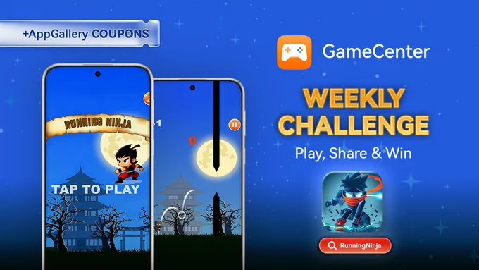 Illustrated promotional banner for the “Weekly Challenge: Running Ninja” event featuring a ninja-themed design. The image promotes a time-limited in-game challenge where players aim to survive as long as possible by collecting stars and avoiding obstacles. It encourages competition among players via a leaderboard during the event period from June 12 to 18. Users are invited to participate by sharing their highest score screenshot in Discord.