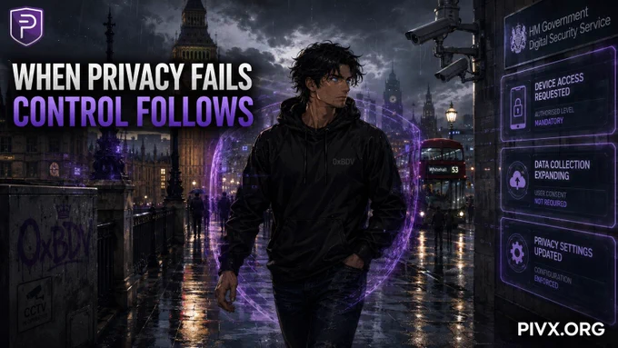 0xBDV walks through rain-soaked Westminster as surveillance systems glow around London government infrastructure, symbolizing the growing fight for privacy and digital sovereignty.