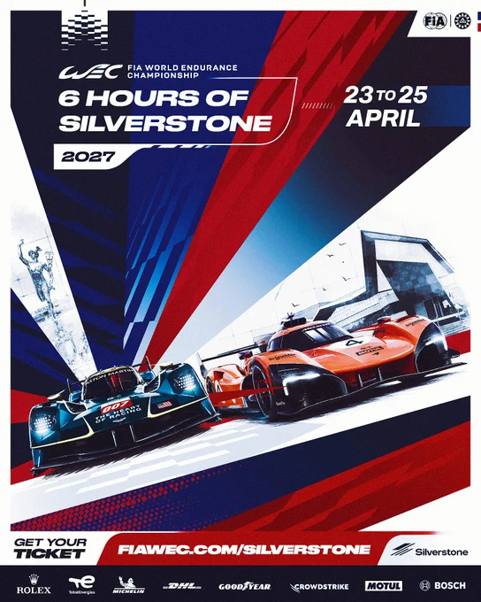 Poster for the 2027 FIA World Endurance Championship's 6 Hours of Silverstone race, event dates April 23-25.