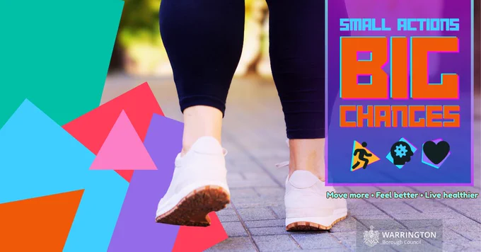 Person walking in trainers, with text 'Small Actions Big Chances' and health icons.