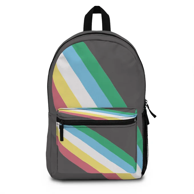 Disability Pride Flag Adaptive Backpack with Adjustable Straps. The backpack has the disability pride flag, which is the colors green, blue, white, yellow and red going diagonally across three different areas of the backpack.  The backpack has adjustable straps. 