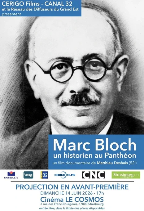 Affiche annonçant l'avant-première du documentaire "Marc Bloch, un historien au Panthéon", montrant un portrait photographique de Marc Bloch.