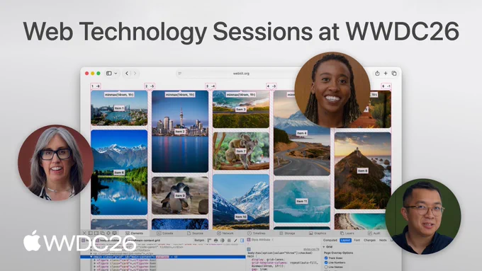 Title “Web Technology Sessions at WWDC26” above a Safari window showing a photo grid with the grid-lanes inspector overlay, three presenter portraits, and the WWDC26 logo.
