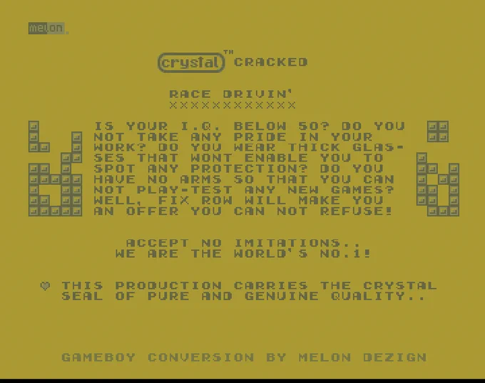 Screenshot of "Race Drivin'" - Crack: Crystal (CSL) - Published by Tengen - Domark on Commodore Amiga (1990)