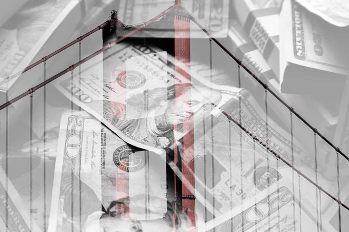 San Francisco Bay Bridge with money overlay