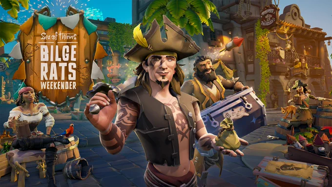 A confident pirate stands in a port town with a sword over their shoulder looking at you as a fireworks display fills the sky behind them. Another pirate can be seen sitting and enjoying a grog, while another is lugging a hefty chest of Doubloons along the street. A sign on the image reads "Sea of Thieves Bilge Rats Weekender".