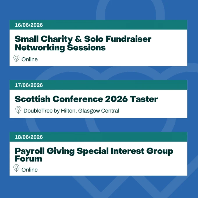 Three event listings on a blue background. First: 'Small Charity & Solo Fundraiser Networking Sessions' on 16/06/2026, online. Second: 'Scottish Conference 2026 Taster' on 17/06/2026, at DoubleTree by Hilton, Glasgow Central. Third: 'Payroll Giving Special Interest Group Forum' on 18/06/2026, online.