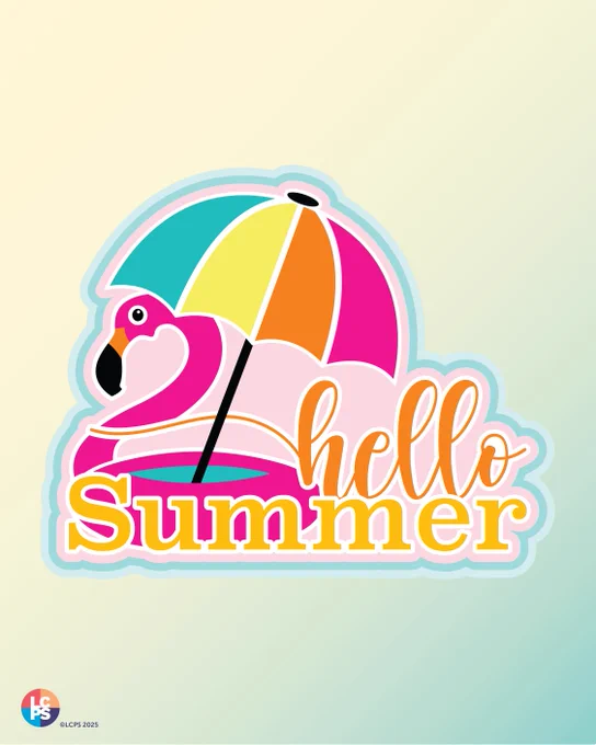 Colorful illustration of a pink flamingo under a multicolored beach umbrella with the text 'hello Summer'.