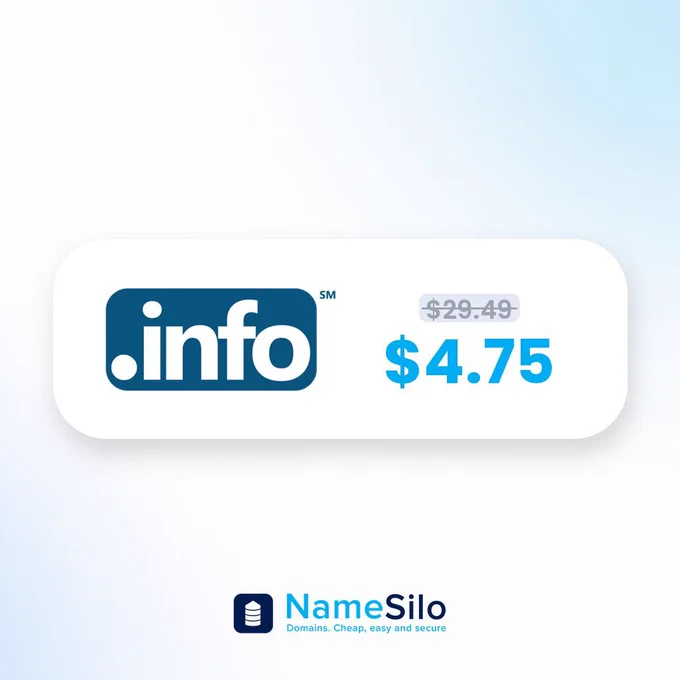 NameSilo .INFO price card, $4.75 first year, regularly $29.49