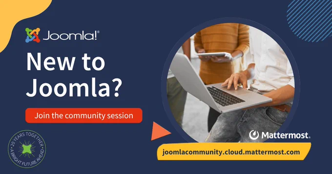 Joomla invitation to join a community session with people collaborating on laptops and tablets.