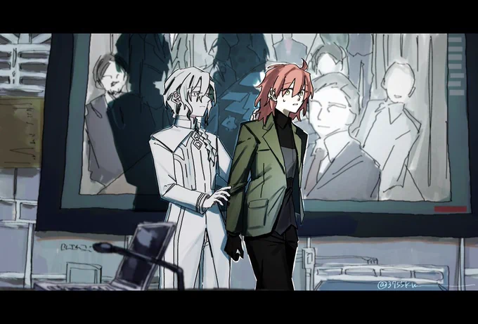 フェイトグランドオーダーの非公式二次創作イラスト。映画プロジェクトヘイルメアリーのワンシーンのパロディ。深緑のジャケットと黒いシャツを着用した髪の短いロマニアーキマンが、所長服姿のマリスビリーアニムスフィアに背中を押されてスクリーンの前に立たされている。スクリーンには会議室の様子が映し出され、参加者は全員カメラの方を向いている。