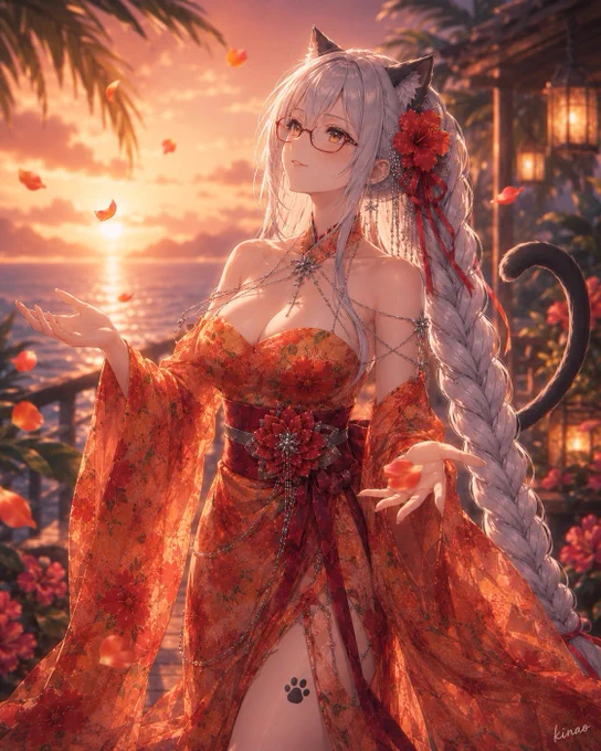 orange hibiscus kimono-inspired tube-top dress, strapless reconstructed kimono bodice, no collar, no kimono lapel, clean horizontal chest line, vivid sunset-orange translucent kimono fabric, simple red hibiscus floral pattern, matte fabric with low shine, long flowing detached kimono sleeves, structural silver chain system, central silver flower connector at the neck, silver chains connecting the neck piece to the upper edge of the tube-top bodice and both detached sleeve tops, chains attached and unbroken, deep red obi belt, large red floral obi knot at the front, thin green line across the center of the obi, dangling silver chain ornaments, high side slit, elegant silver ankle chains, barefoot sandals, tropical summer resort kimono fashion, refined mature feminine style