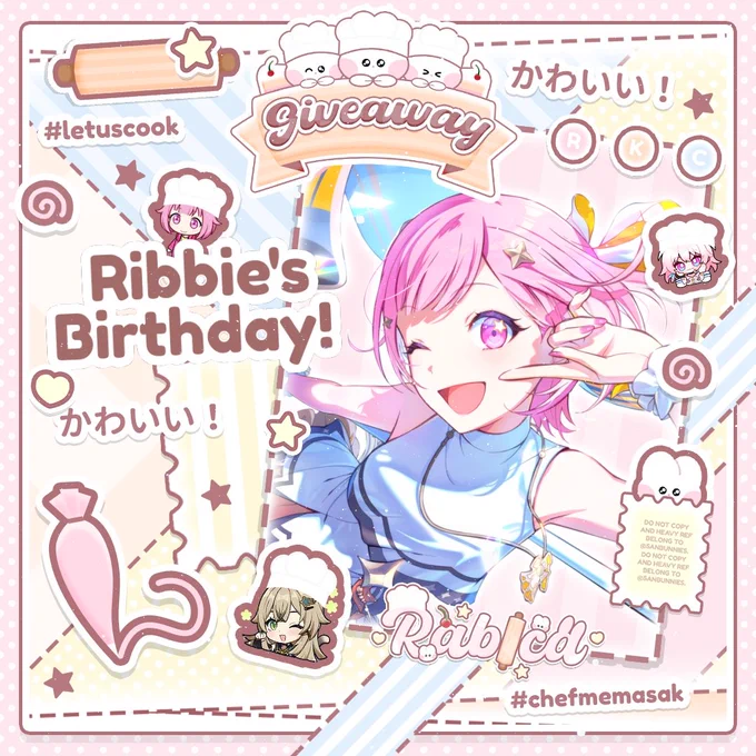 ︵ RULES ｡ ⭐️

O1.  Like dan retweet postingan ini. 

O2. No GA hunter. 

O3. Ucapin selamat ulang tahun dan doain kak Ribbie  yang baik-baik yaa. 😽💗

O4. Pemenang wajib shout out ke kak Ribbie. Lalu hasil layout wajib digunakan minimal 2x24 jam. 

🍀 END :: 14 Juni 2026, 19.00 WIB