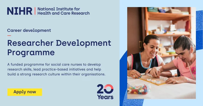 A promotional image for the NIHR's "Researcher Development Programme." On the left, the text describes a funded programme for social care nurses to develop research skills.