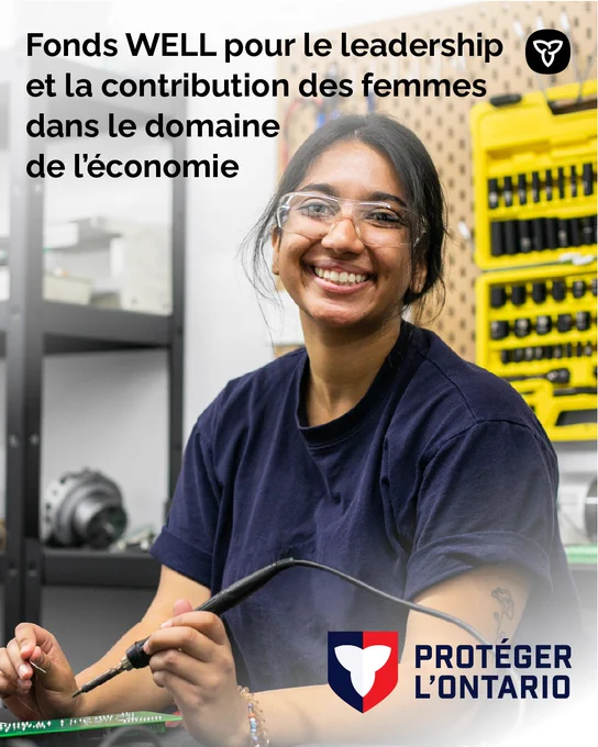 Une technicienne en batterie souriante. Le texte indique: Fonds WELL pour le leadership et la contribution des femmes dans le domaine de l'économie