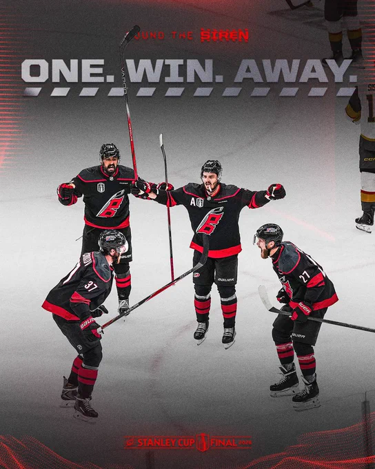 Graphic with a photo of the Canes celebrating a goal with the words "One. Win. Away." above it 