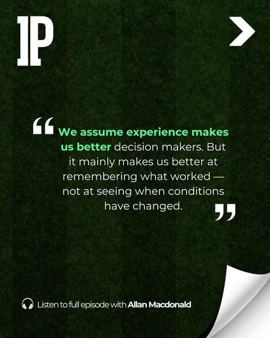 A quote about experience and decision making by Allan Macdonald on a textured dark background with white and teal text.