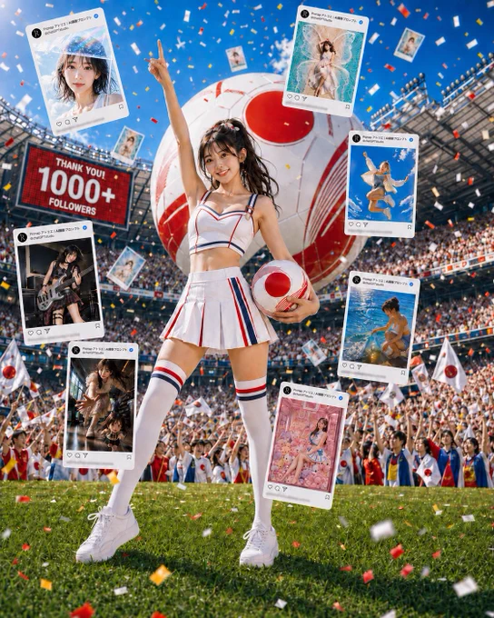 【GPT Image2プロンプト】

主題：
1000フォロワー達成を祝う、スタジアムの記念ビジュアル

人物・表情：
黒髪の若い女性、ハーフツインのポニーテール、ナチュラルメイク、健康的で華やかな笑顔、親しみやすく元気な雰囲気。視線はカメラへ向ける。

服装・ポーズ：
白を基調に赤とネイビーのラインを入れた、スポーティーで可愛いチア風コスチューム。フィットしたクロップドトップス、短めのプリーツミニスカート、白のニーハイソックス、白スニーカー。右腕を真上に伸ばして人差し指を立て、左腕で赤白デザインのサッカーボールを抱える。脚は自然に開いた力強い立ち姿。

背景・光：
満員の大型サッカースタジアム、快晴の青空、紙吹雪が大量に舞う祝祭空間。背後中央に巨大な赤白のサッカーボール。観客は総立ちで歓声を上げ、日本カラーの小旗を振っている。左奥の大型電光掲示板に大きく「THANK YOU! 1000  FOLLOWERS」と表示。芝生のピッチ上に立つ。

演出要素：
人物の周囲に、白いSNS投稿カード風のフレームが複数浮遊している。カードにはそれぞれ異なる作品サムネイルが入り、雨の日の透明感ポートレート、幻想的な白衣装の女性、青空へ跳ぶ少女、ギターを持つ黒衣装の女性、海辺でしゃがむ人物、室内で手を伸ばす構図、ピンクのぬいぐるみ空間など、過去作品を祝うギャラリーのように見せる。カードは大小さまざま、前後に散らし、一部は軽くぼかして奥行きを出す。

構図・カメラ：
縦長、全身ポートレート、人物を中央配置、ややローアングル、広角気味、スタジアムのスケール感を強調。主役が最も大きく、巨大ボールと電光掲示板、浮遊カード、観客の熱気が一目で伝わる構成。

質感・スタイル：
高精細、4K、リアルな写真風AIビジュアル、明るく鮮やかな色調、自然な肌質、シャープな輪郭、紙吹雪や芝生まで細密、映画的ライティング、SNS記念ポスターのような完成度。

ネガティブ：
低画質、不自然な顔、不自然な手、余分な指、欠けた指、歪んだ腕や脚、崩れた体、重複人物、読めない文字、文字化け、ロゴ崩れ、カードの破綻、不自然なボール形状、過度な露出、AI特有の不自然な質感、透かし
