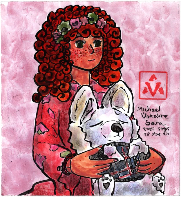Portrait in watercolour with ink lines of a ball jointed doll holding a plush fox. The doll wears a pink kimono, has green eyes, freckles, curly orange hair and a small smile, on her head is a flower tiara. The fox has closed eyes and a sad expression, is white but with colourful tones, on the body there's a small grey sweater. The background is pinkish.
