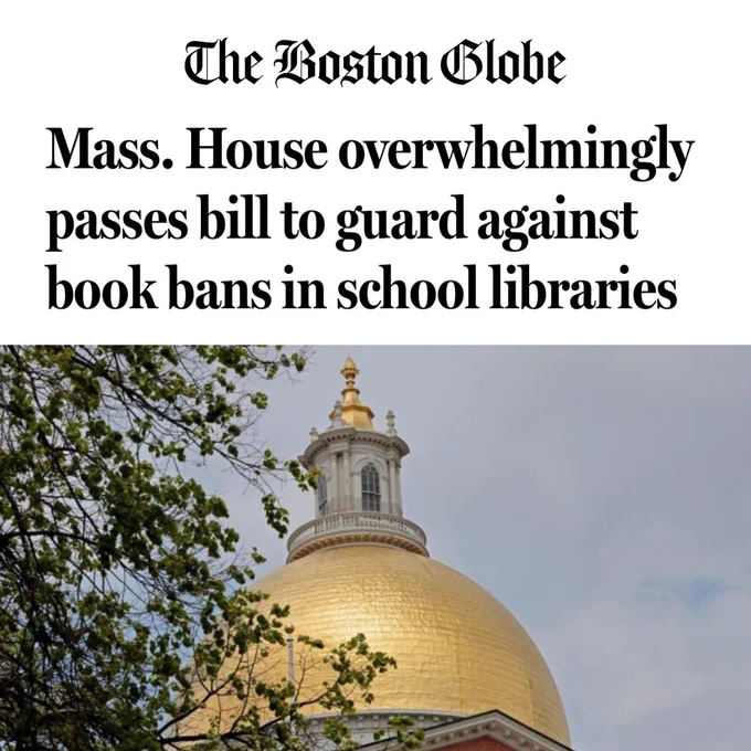 An article by the Boston Globe titled: Mass. House overwhelmingly passes bill to guard against book bans in school libraries.