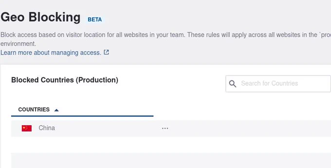 Screenshot of the Pressidium Dashboard showing a new beta Geo Blocking feature. A section titled "Blocked Countries (Production)" displays a search bar and a list showing China currently added to the blocklist.