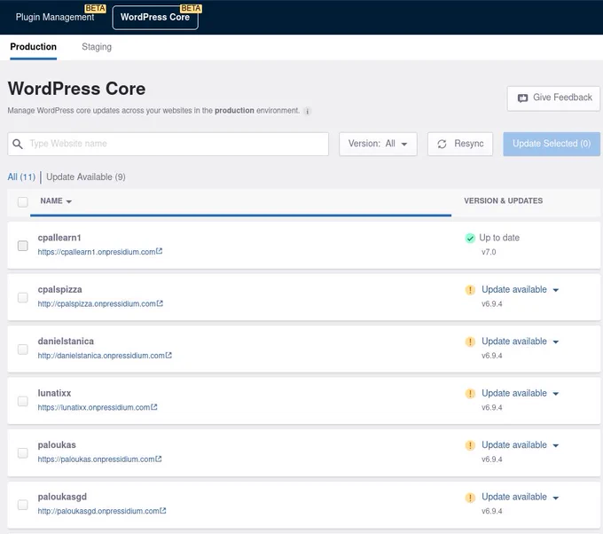 Screenshot of the beta WordPress Core bulk management feature in the Pressidium Dashboard. It displays a list of multiple websites in a production environment, marking one site with a green checkmark as "Up to date" and flagging several others with a yellow warning icon indicating an "Update available."