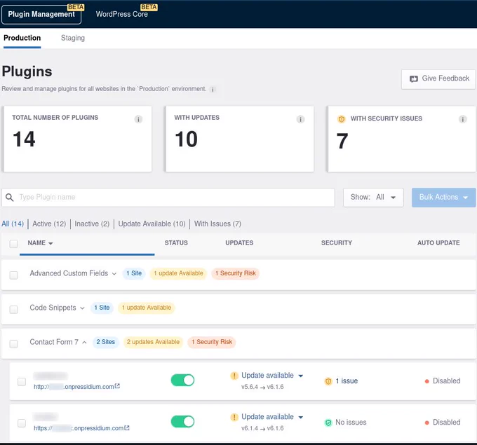Screenshot of the beta Plugin Management feature in the Pressidium Dashboard. The top overview highlights 14 total plugins across production sites, 10 with available updates, and 7 flagged with security issues. Below, a detailed list shows specific plugins, such as Advanced Custom Fields and Contact Form 7, alongside tags indicating their update status and security risks across multiple sites.